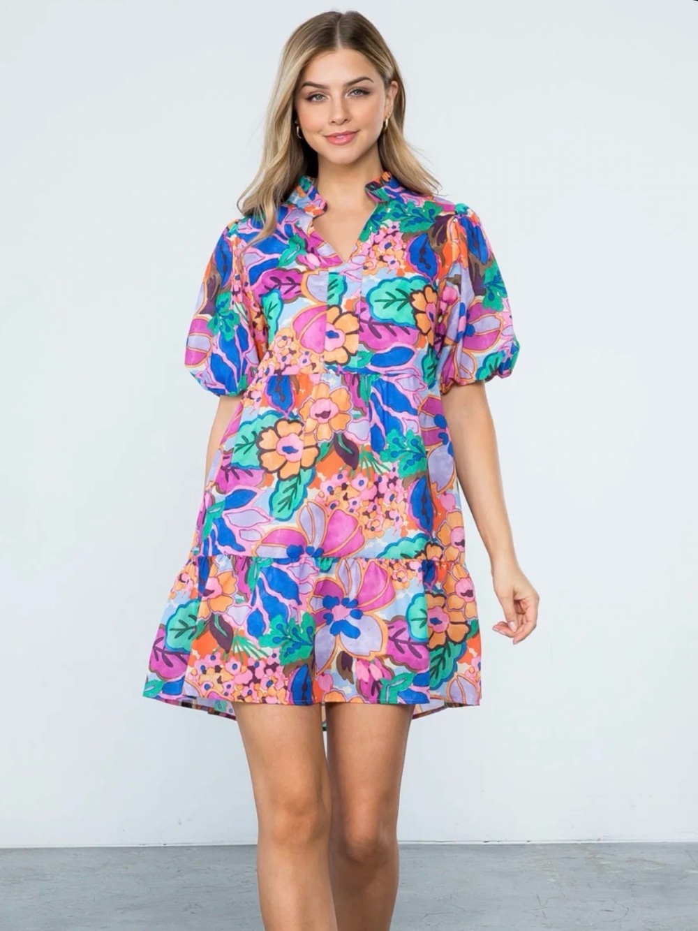 THML -Puff Sleeve Floral Tiered Dress